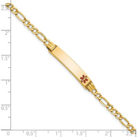 14K Yellow Gold Medical Alert Bracelet with Red Enamel Off-Center Charm on Figaro Link Chain - 7" Length by Oro Pregiato