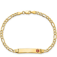 14K Yellow Gold Medical Alert Bracelet with Red Enamel Off-Center Charm on Figaro Link Chain - 7" Length by Oro Pregiato
