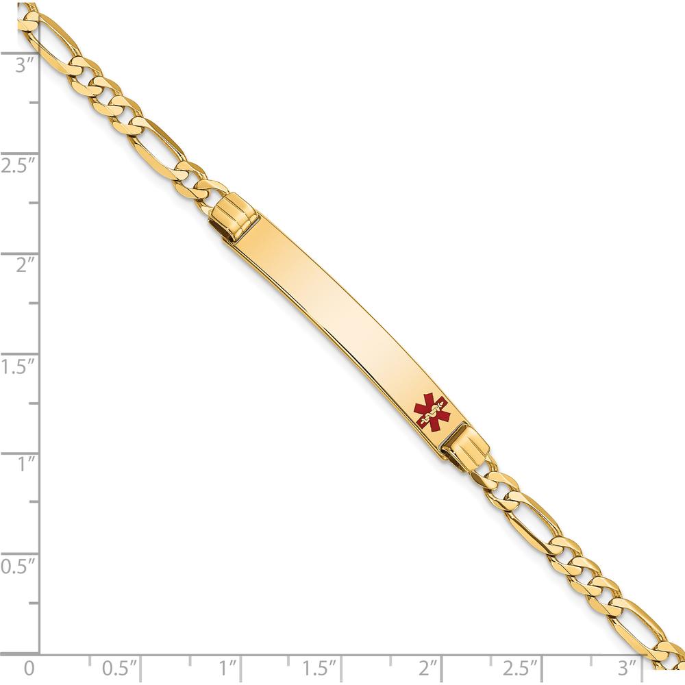 14K Yellow Gold Medical Alert Bracelet with Red Enamel Off-Center Plate on 7" Figaro Link Chain by Oro Pregiato