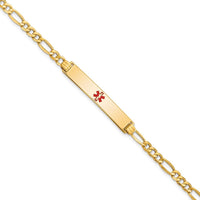 14K Yellow Gold Medical Alert Bracelet with Red Enamel Plate - 7" Length, Figaro Link Chain by Oro Pregiato