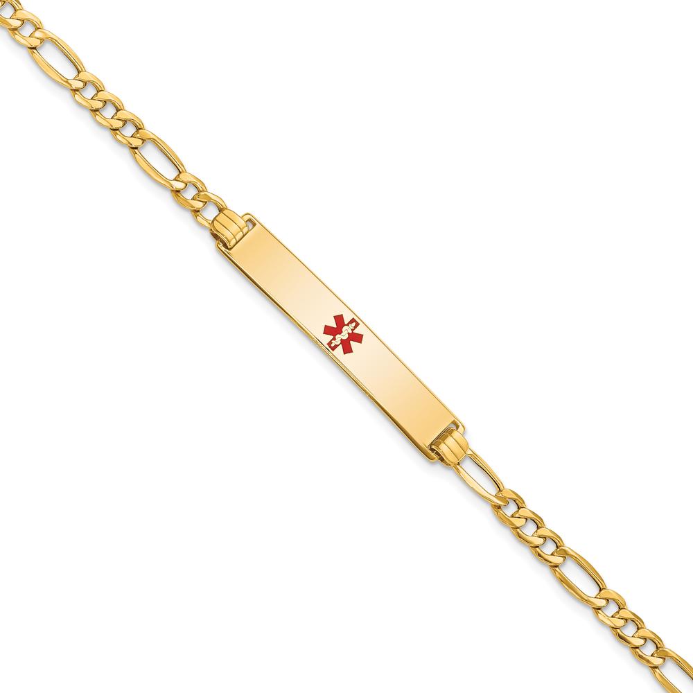 14K Yellow Gold Medical Alert Bracelet with Red Enamel Plate - 7" Length, Figaro Link Chain by Oro Pregiato