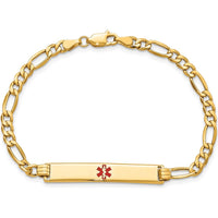 14K Yellow Gold Medical Alert Bracelet with Red Enamel Plate - 7" Length, Figaro Link Chain by Oro Pregiato