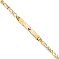 14K Yellow Gold Medical Alert Bracelet with Red Enamel Symbol - 7" Figaro Link Chain by Oro Pregiato