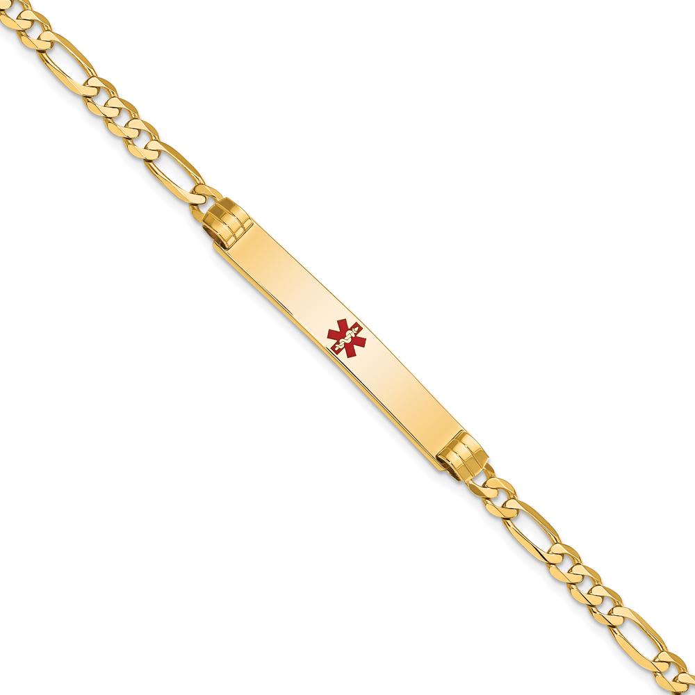 14K Yellow Gold Medical Alert Bracelet with Red Enamel Symbol - 7" Figaro Link Chain by Oro Pregiato