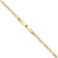 14K Yellow Gold Medical Alert Bracelet with Red Enamel Symbol - 7" Figaro Link Chain by Oro Pregiato