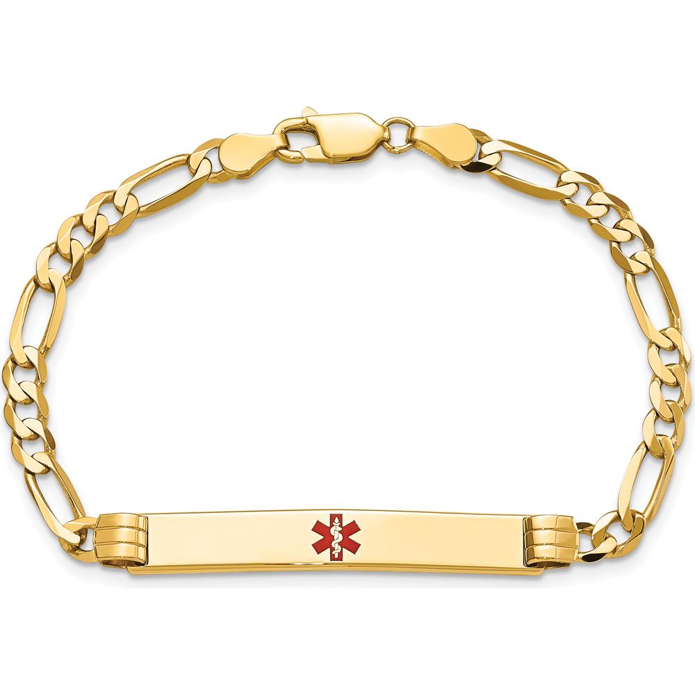 14K Yellow Gold Medical Alert Bracelet with Red Enamel Symbol - 7" Figaro Link Chain by Oro Pregiato