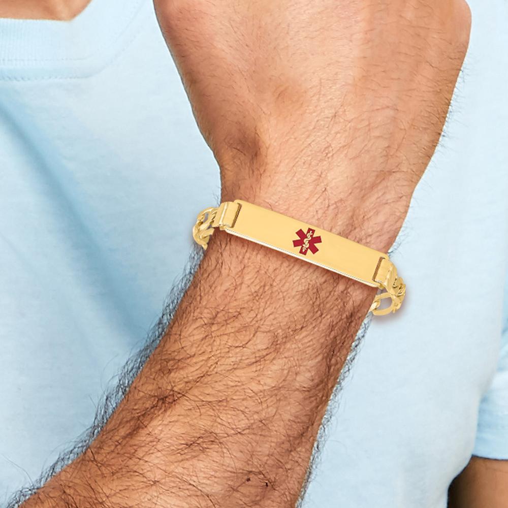 14K Yellow Gold Medical Alert Bracelet with Red Enamel Symbol - 7" Figaro Link Design by Oro Pregiato