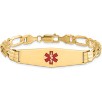 14K Yellow Gold Medical Alert Bracelet with Red Enamel Symbol - 8" Figaro Link Chain by Oro Pregiato
