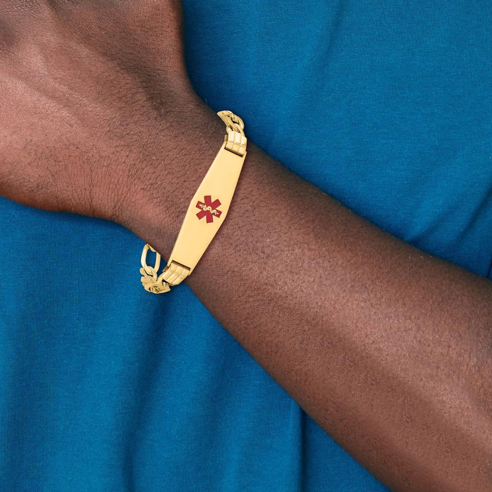14K Yellow Gold Medical Alert Bracelet with Red Enamel Symbol - 8" Figaro Link Chain by Oro Pregiato