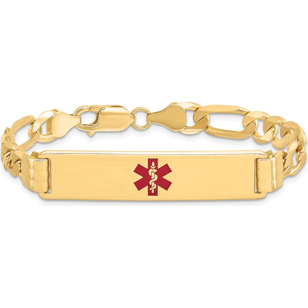 14K Yellow Gold Medical Alert Bracelet with Red Enamel Symbol - 8" Figaro Link by Oro Pregiato