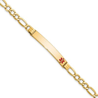 14K Yellow Gold Medical Alert Bracelet with Red Enamel Symbol and Figaro Link Chain - 7" Length by Oro Pregiato