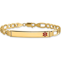 14K Yellow Gold Medical Alert Bracelet with Red Enamel Symbol and Figaro Link Chain - 7" Length by Oro Pregiato