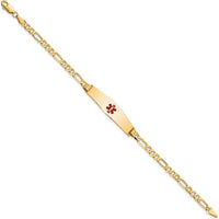 14K Yellow Gold Medical Alert Bracelet with Red Enamel Symbol and Polished Figaro Link Chain - 7" Length by Oro Pregiato