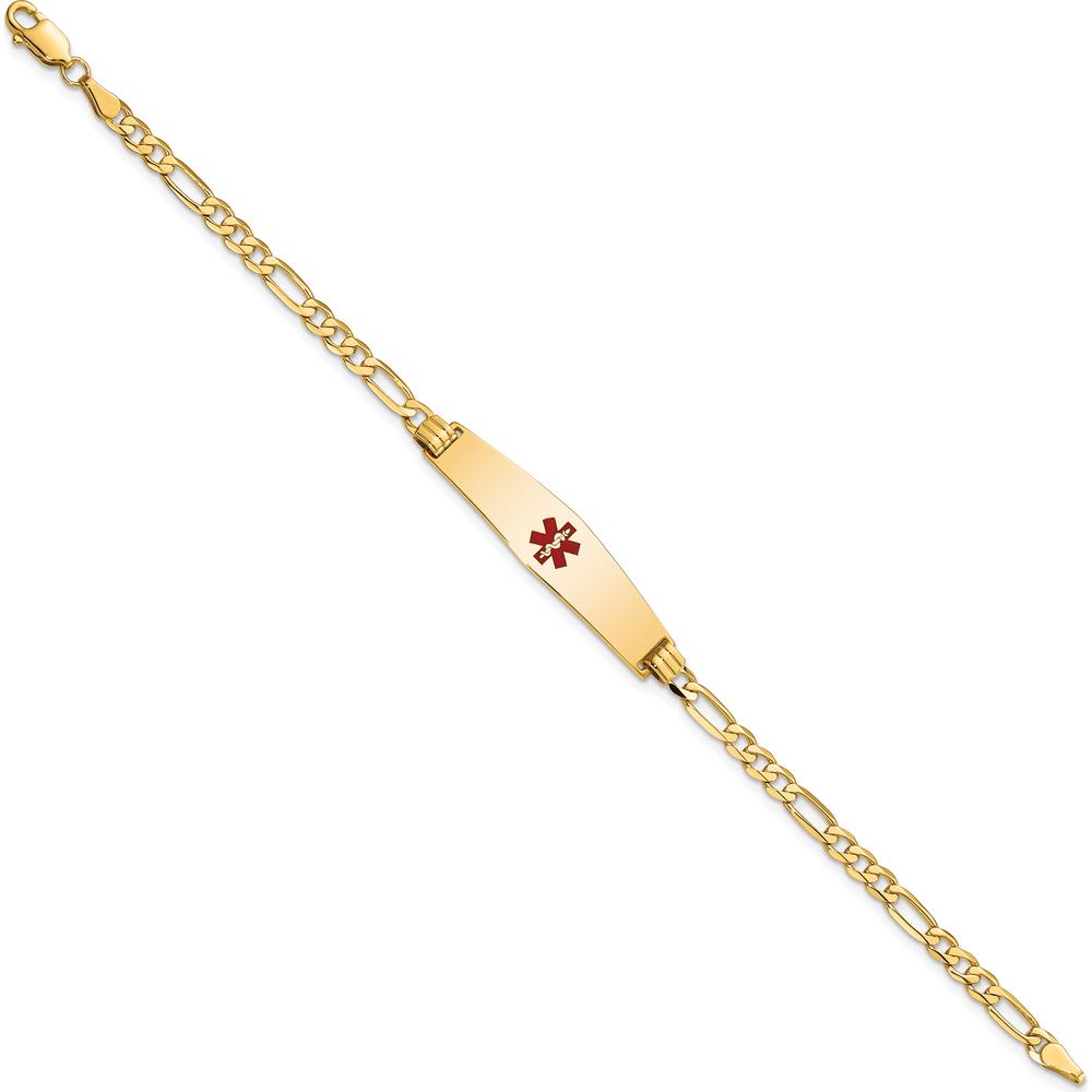 14K Yellow Gold Medical Alert Bracelet with Red Enamel Symbol and Polished Figaro Link Chain - 7" Length by Oro Pregiato