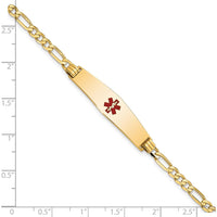 14K Yellow Gold Medical Alert Bracelet with Red Enamel Symbol and Polished Figaro Link Chain - 7" Length by Oro Pregiato