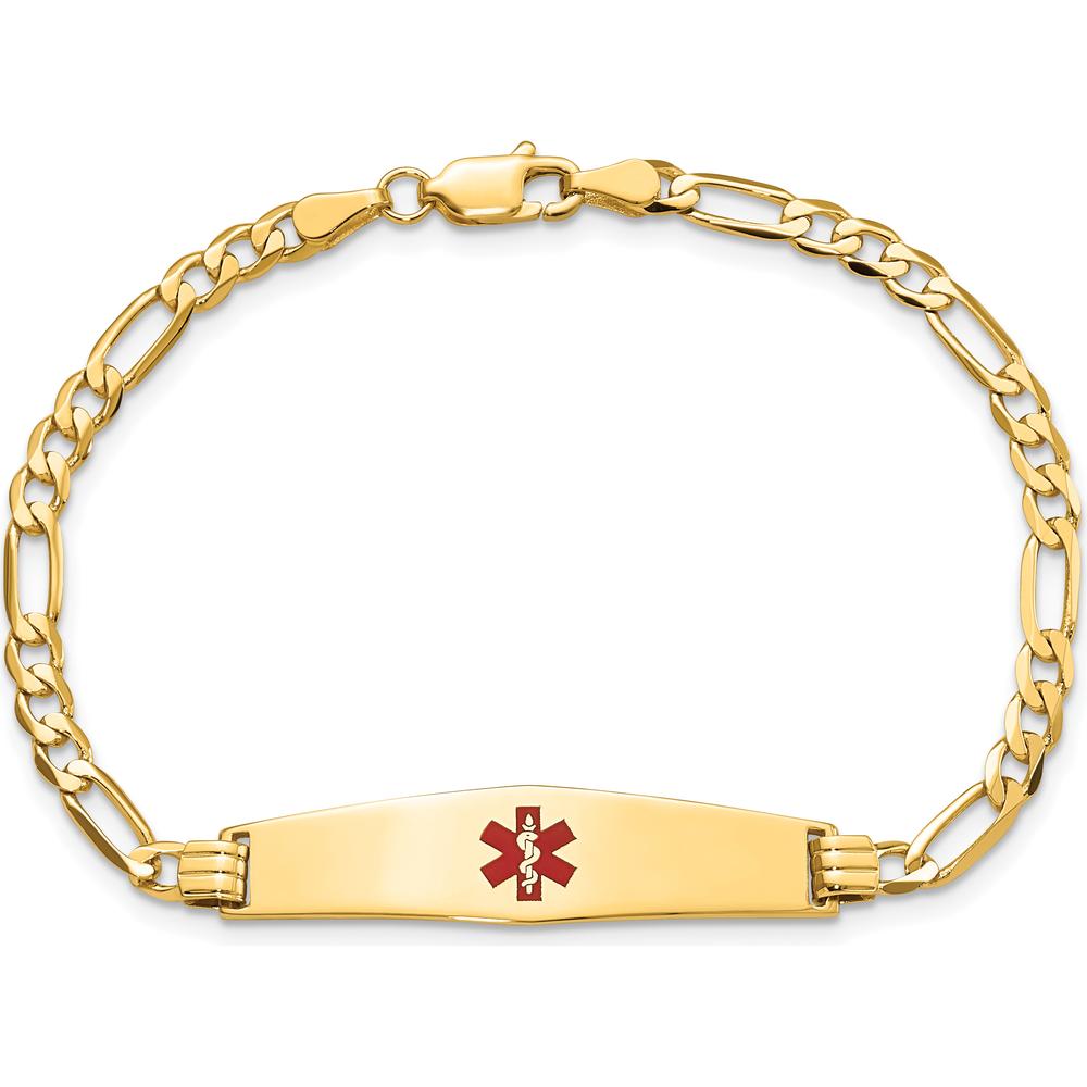 14K Yellow Gold Medical Alert Bracelet with Red Enamel Symbol and Polished Figaro Link Chain - 7" Length by Oro Pregiato