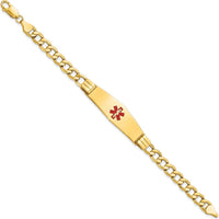 14K Yellow Gold Medical Alert Bracelet with Red Enamel Symbol and Soft Diamond Shape - 8" Curb Link Design by Oro Pregiato