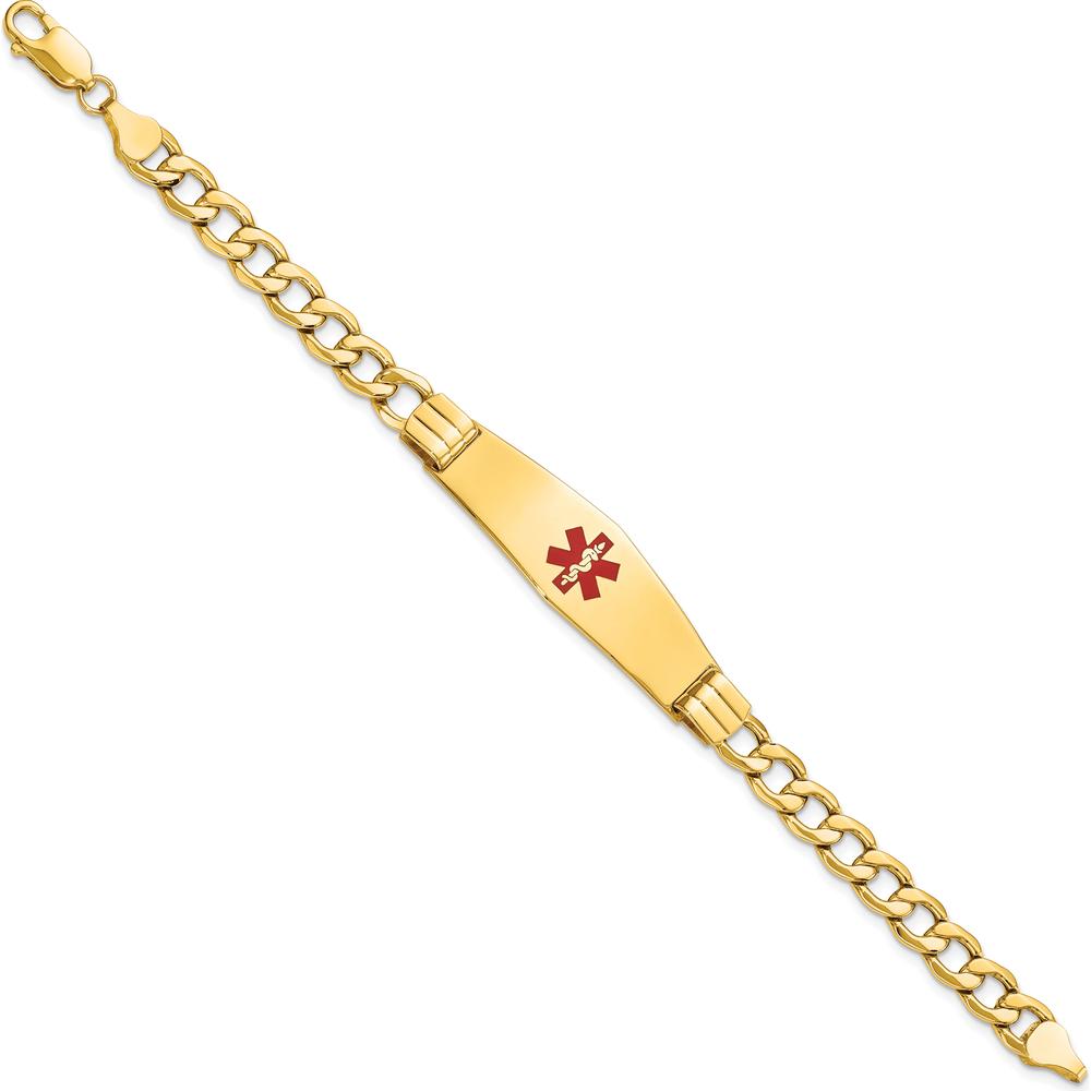 14K Yellow Gold Medical Alert Bracelet with Red Enamel Symbol and Soft Diamond Shape - 8" Curb Link Design by Oro Pregiato