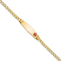 14K Yellow Gold Medical Alert Cuban Link Bracelet with Red Enamel Cross - 8" by Oro Pregiato