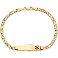 14K Yellow Gold Medical Alert Cuban Link Bracelet with Red Enamel Cross - 8" by Oro Pregiato