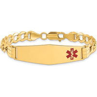 14K Yellow Gold Medical Alert Curb Link Bracelet with Off-Center Red Enamel 40mm Soft Diamond Plate by Oro Pregiato