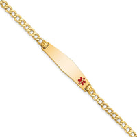 14K Yellow Gold Medical Alert Curb Link Bracelet with Off-Center Red Enamel Medical Charm - Engravable Plate - 7" by Oro Pregiato