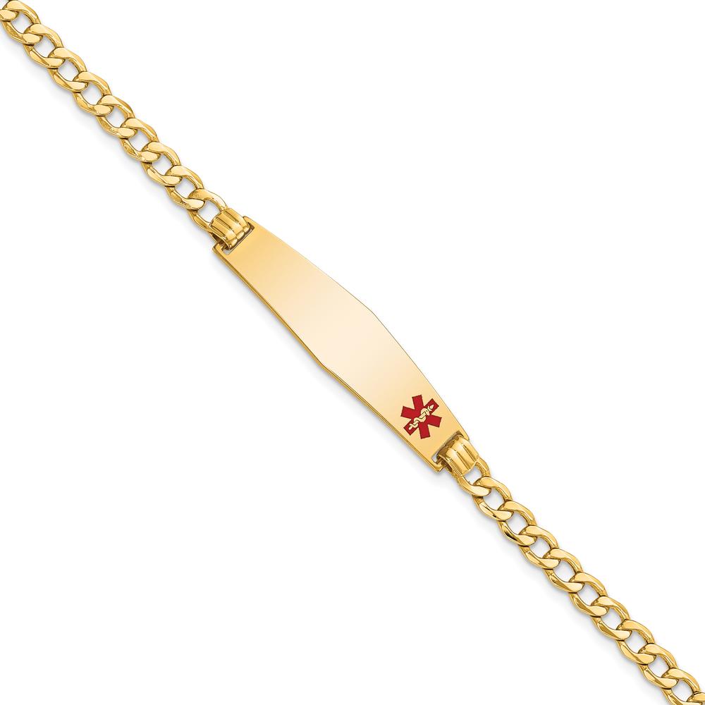 14K Yellow Gold Medical Alert Curb Link Bracelet with Off-Center Red Enamel Medical Charm - Engravable Plate - 7" by Oro Pregiato