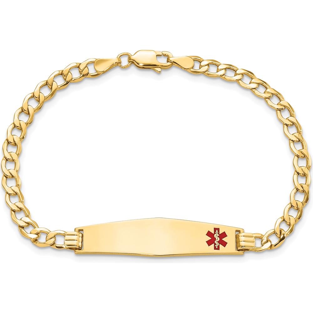 14K Yellow Gold Medical Alert Curb Link Bracelet with Off-Center Red Enamel Medical Charm - Engravable Plate - 7" by Oro Pregiato