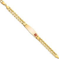 14K Yellow Gold Medical Alert Curb Link Bracelet with Off-Center Red Enamel Pendant - 8" Length by Oro Pregiato