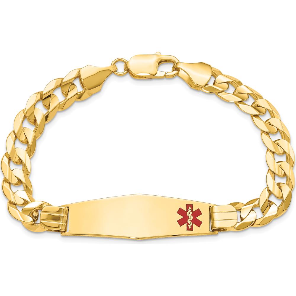 14K Yellow Gold Medical Alert Curb Link Bracelet with Off-Center Red Enamel Pendant - 8" Length by Oro Pregiato