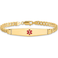 14K Yellow Gold Medical Alert Curb Link Bracelet with Red Enamel - 7" Length by Oro Pregiato