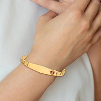 14K Yellow Gold Medical Alert Curb Link Bracelet with Red Enamel - 8" Length by Oro Pregiato
