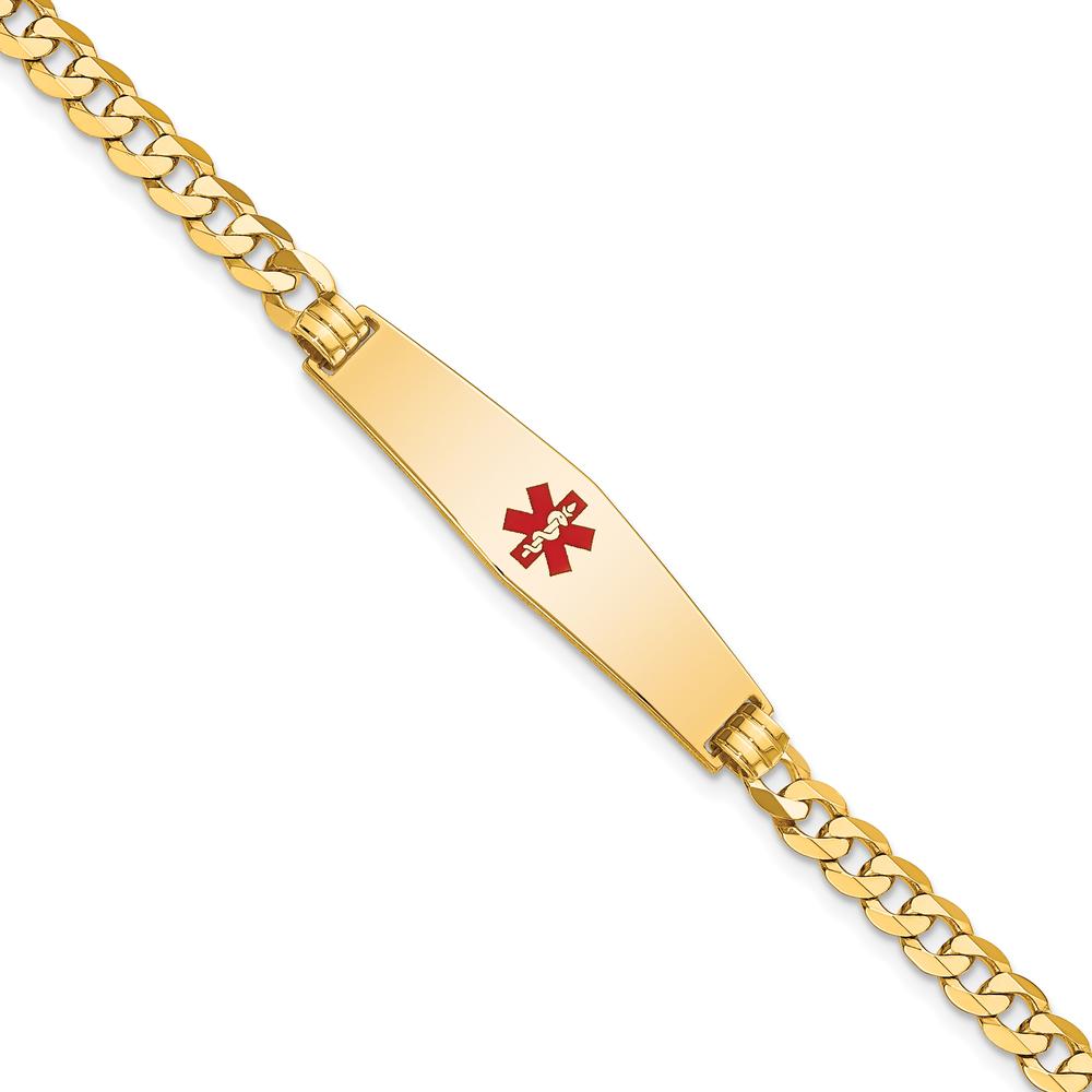 14K Yellow Gold Medical Alert Curb Link Bracelet with Red Enamel and Diamond-Shaped Solid Plate by Oro Pregiato