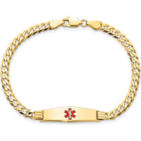 14K Yellow Gold Medical Alert Curb Link Bracelet with Red Enamel Center - 7" Length by Oro Pregiato