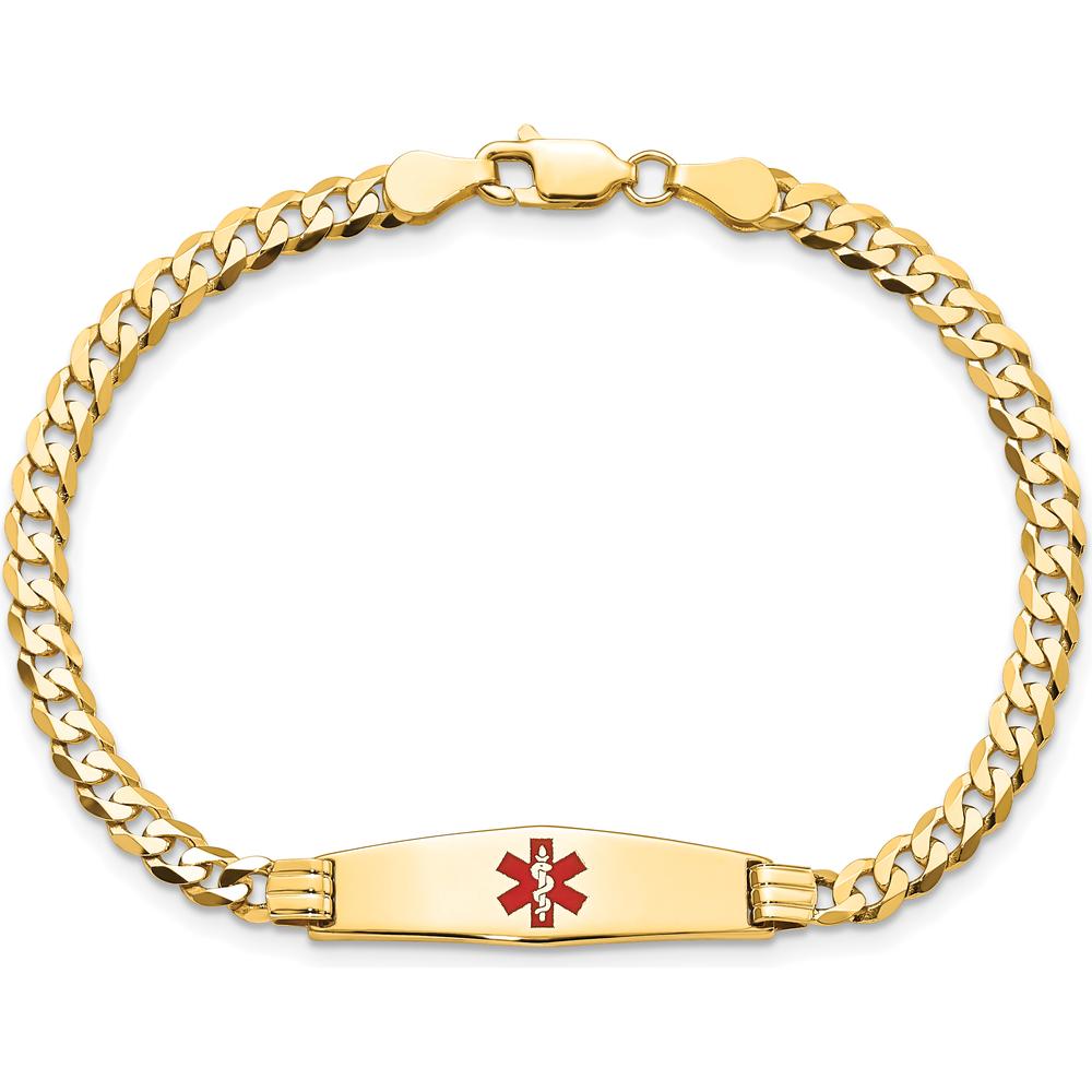 14K Yellow Gold Medical Alert Curb Link Bracelet with Red Enamel Center - 7" Length by Oro Pregiato