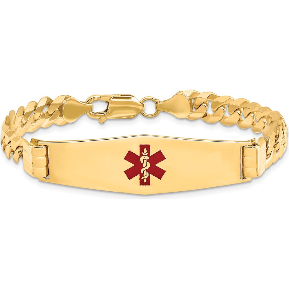 14K Yellow Gold Medical Alert Curb Link Bracelet with Red Enamel Charm - 7" Length by Oro Pregiato