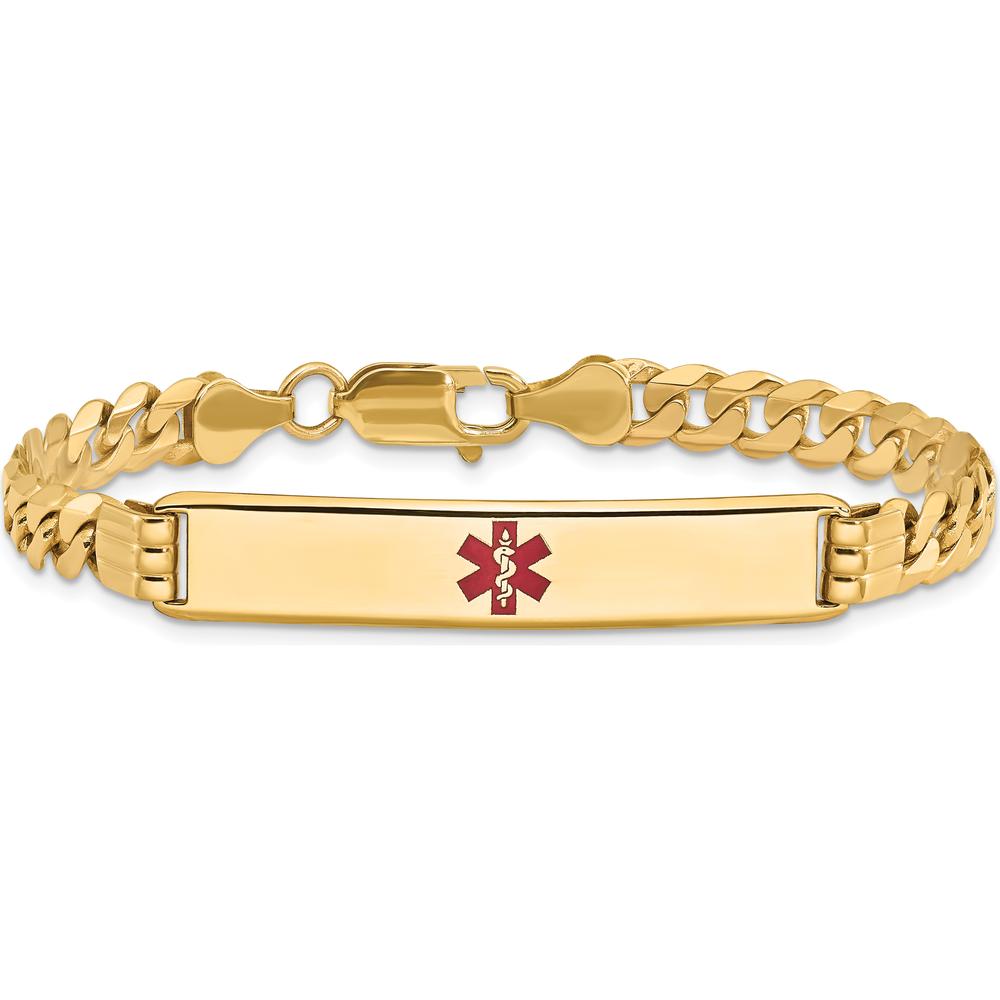 14K Yellow Gold Medical Alert Curb Link Bracelet with Red Enamel Charm - 8" Length by Oro Pregiato