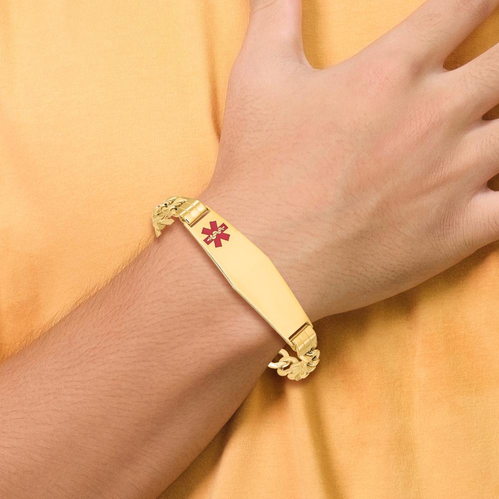 14K Yellow Gold Medical Alert Curb Link Bracelet with Red Enamel Emblem - 8" Length by Oro Pregiato