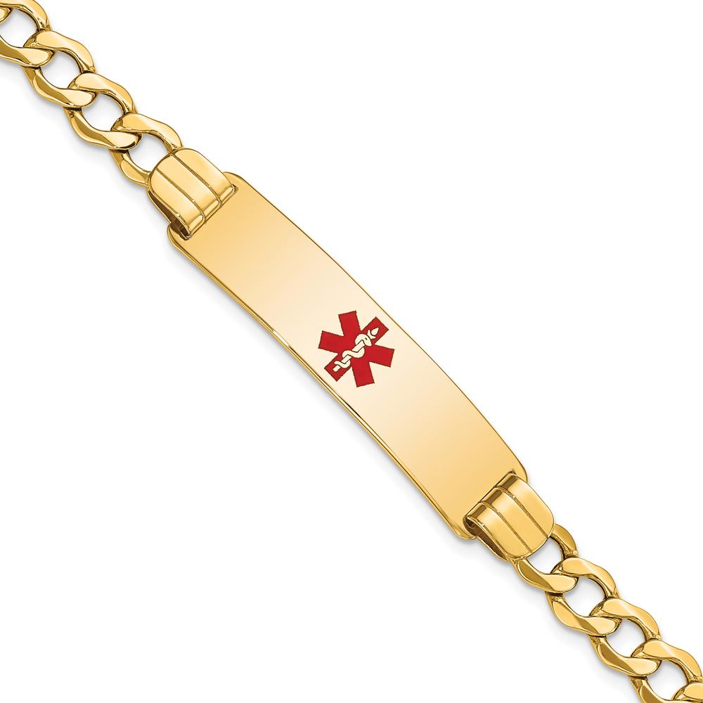14K Yellow Gold Medical Alert Curb Link Bracelet with Red Enamel Emblem - 8" by Oro Pregiato