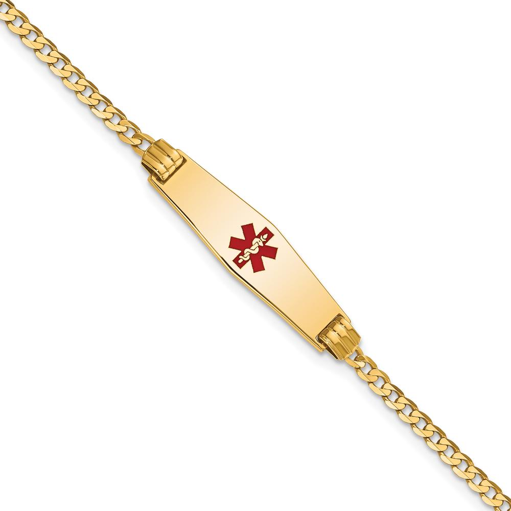 14K Yellow Gold Medical Alert Curb Link Bracelet with Red Enamel Medical Symbol - 7" by Oro Pregiato
