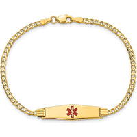 14K Yellow Gold Medical Alert Curb Link Bracelet with Red Enamel Medical Symbol - 7" by Oro Pregiato