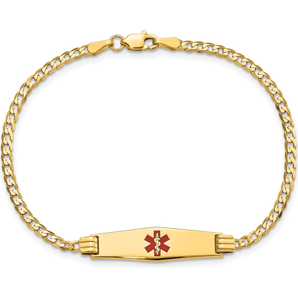 14K Yellow Gold Medical Alert Curb Link Bracelet with Red Enamel Medical Symbol - 7" by Oro Pregiato