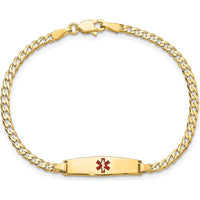 14K Yellow Gold Medical Alert Curb Link Bracelet with Red Enamel Symbol - 7" by Oro Pregiato