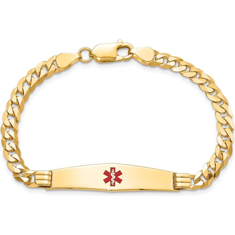 14K Yellow Gold Medical Alert Curb Link Bracelet with Red Enamel Symbol - 8" by Oro Pregiato