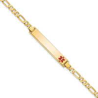 14K Yellow Gold Medical Alert Figaro Link Bracelet with Off-Center Red Enamel Plate - 8" by Oro Pregiato