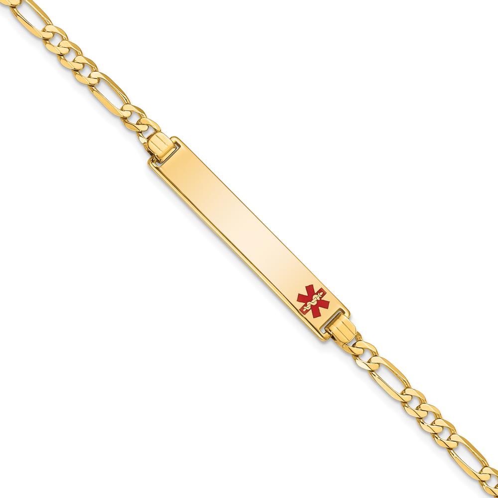 14K Yellow Gold Medical Alert Figaro Link Bracelet with Off-Center Red Enamel Plate - 8" by Oro Pregiato