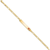 14K Yellow Gold Medical Alert Figaro Link Bracelet with Off-Center Red Enamel Plate - 8" by Oro Pregiato