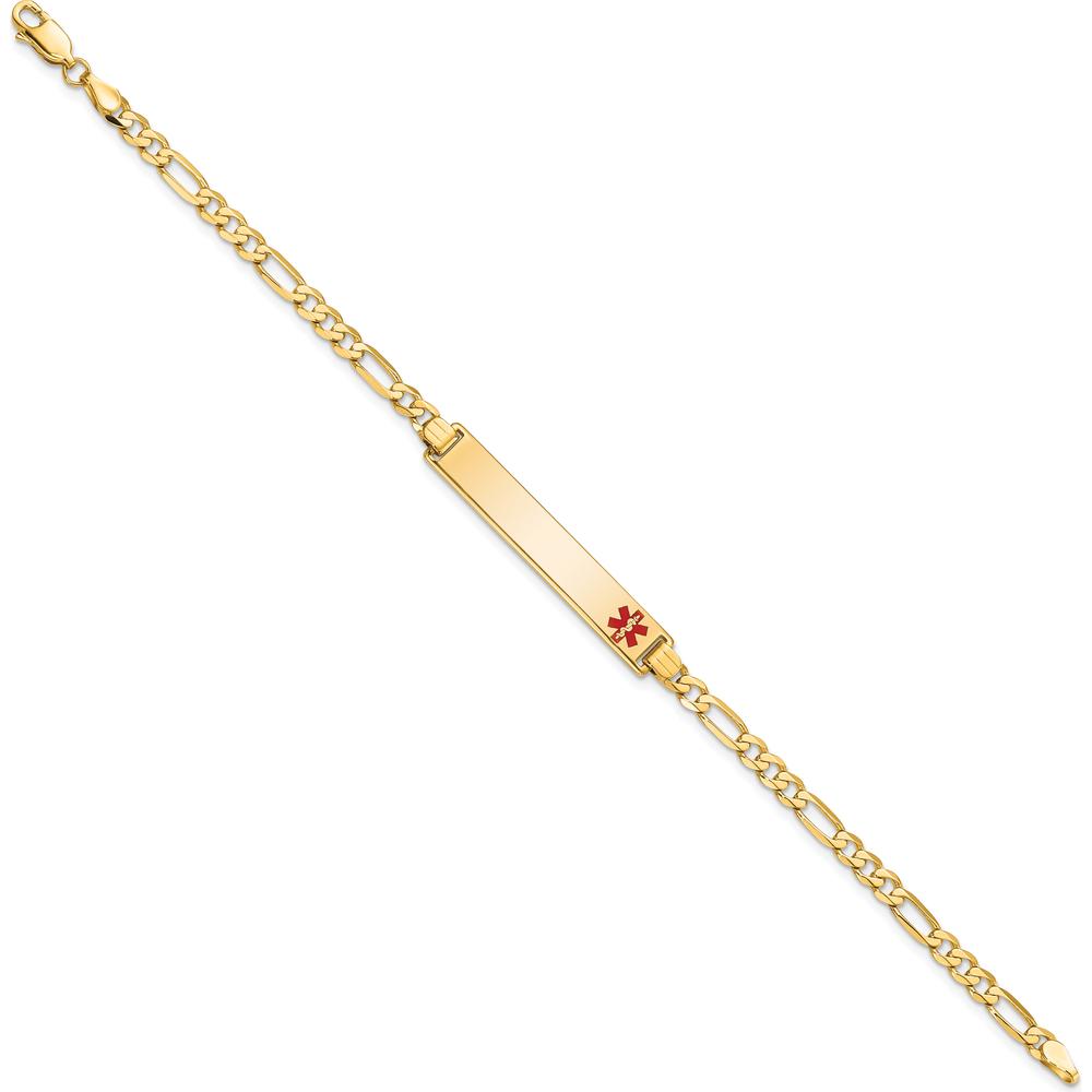 14K Yellow Gold Medical Alert Figaro Link Bracelet with Off-Center Red Enamel Plate - 8" by Oro Pregiato