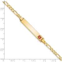 14K Yellow Gold Medical Alert Figaro Link Bracelet with Off-Center Red Enamel Plate - 8" by Oro Pregiato