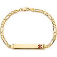 14K Yellow Gold Medical Alert Figaro Link Bracelet with Off-Center Red Enamel Plate - 8" by Oro Pregiato